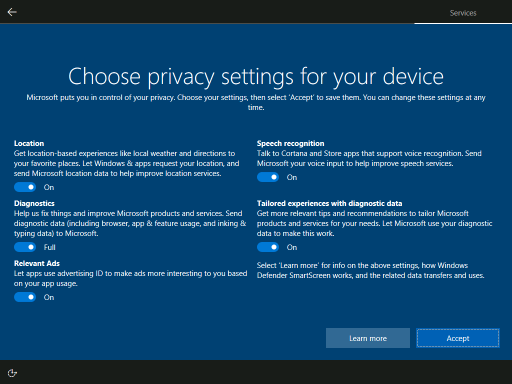 An image showing the Windows Installer on the "privacy settings" screen.